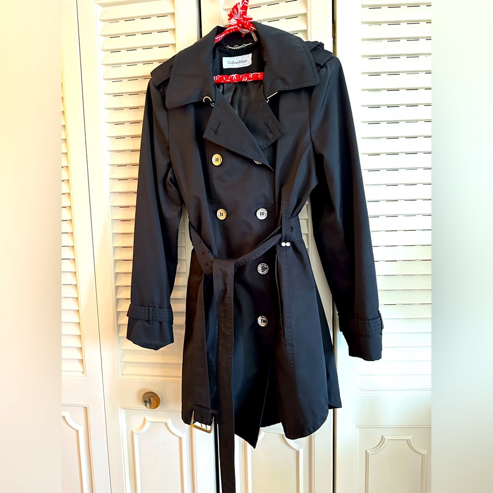 Calvin Klein Hooded Trench Coat. Black, size L